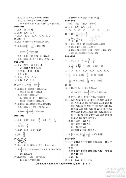 湖南大学出版社2024北京央教湘岳假期寒假作业六年级数学人教版答案