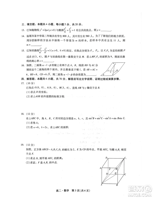 广东汕尾2023-2024学年高二上学期1月期末数学试题答案