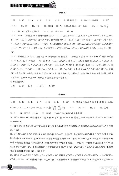 湖北教育出版社2024长江作业本寒假作业八年级数学通用版答案