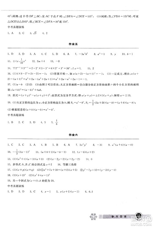湖北教育出版社2024长江作业本寒假作业八年级数学通用版答案