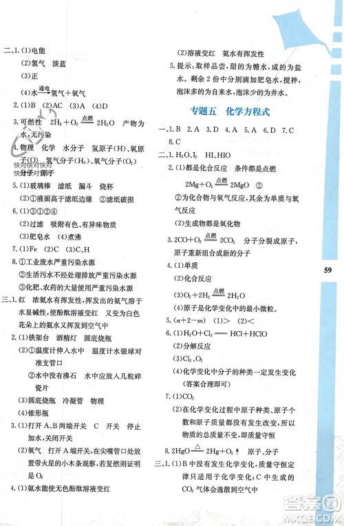 陕西人民教育出版社2024陕教出品寒假作业九年级化学人教版A版参考答案