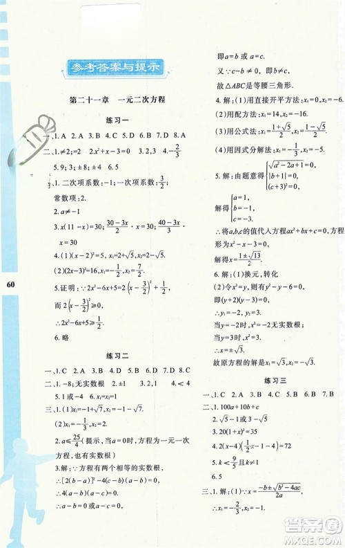 陕西人民教育出版社2024陕教出品寒假作业与生活九年级数学人教版A版参考答案