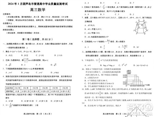 2024年1月葫芦岛市高三上学期普通高中学业质量监测考试数学参考答案 2024年1月葫芦岛市高三上学期普通高中学业质量监测考试数学参考答案