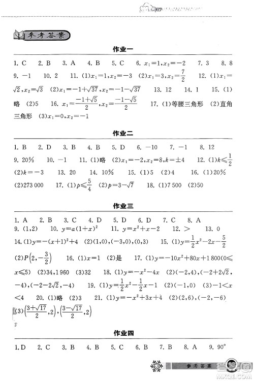 湖北教育出版社2024长江作业本寒假作业九年级数学通用版答案