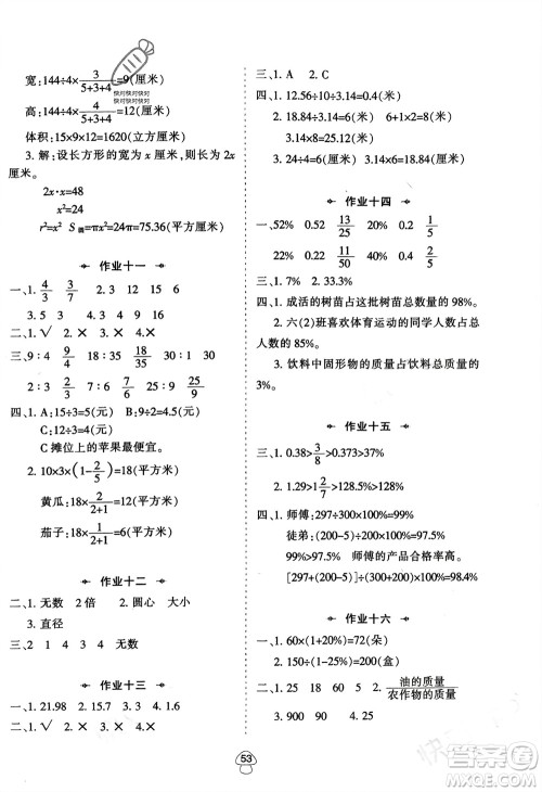 陕西人民教育出版社2024陕教出品寒假作业六年级数学人教版参考答案 陕西人民教育出版社2024陕教出品寒假作业六年级数学人教版参考答案