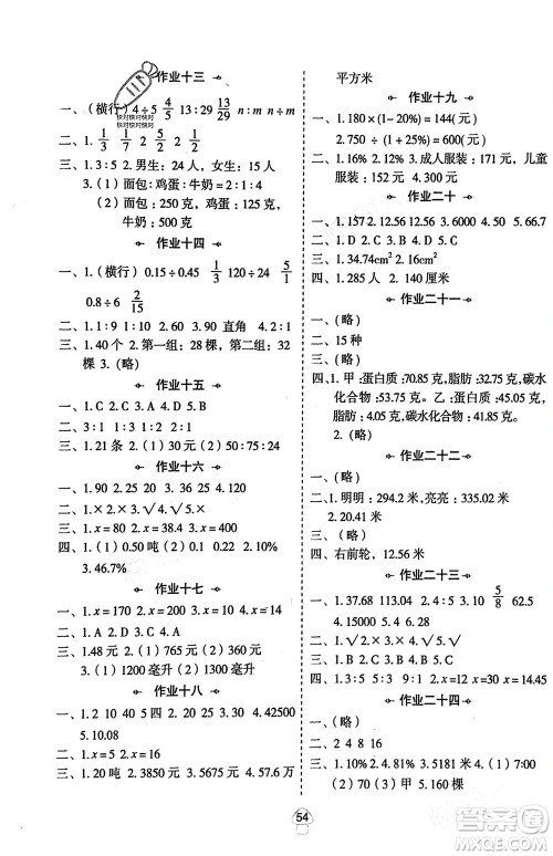 陕西人民教育出版社2024陕教出品寒假作业六年级数学北师大版参考答案