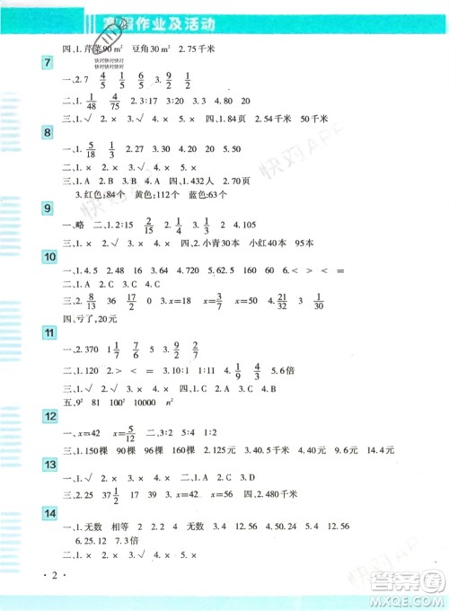 新疆文化出版社2024寒假作业及活动六年级数学通用版参考答案