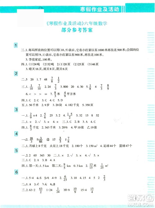 新疆文化出版社2024寒假作业及活动六年级数学通用版参考答案