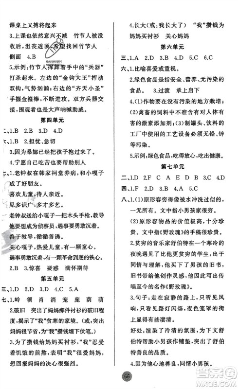 新疆青少年出版社2024快乐驿站假期作业六年级语文人教版广东专版参考答案