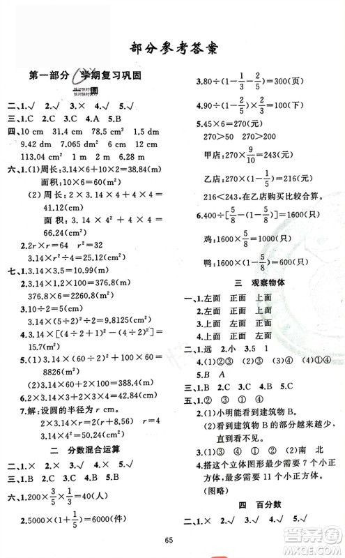 新疆青少年出版社2024快乐驿站假期作业六年级数学北师大版广东专版参考答案