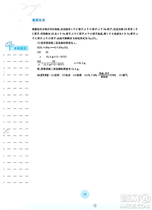 安徽教育出版社2024寒假生活九年级化学人教版答案