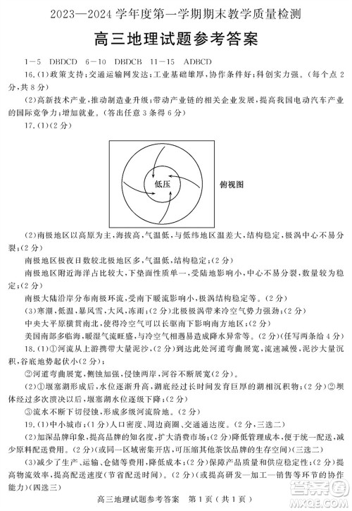 聊城市2023-2024学年高三上学期期末教学质量检测地理参考答案