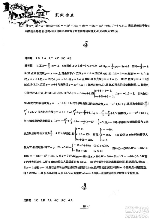 黄山书社2024寒假作业九年级数学沪科版答案