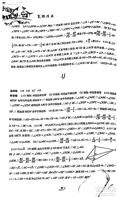 黄山书社2024寒假作业九年级数学沪科版答案