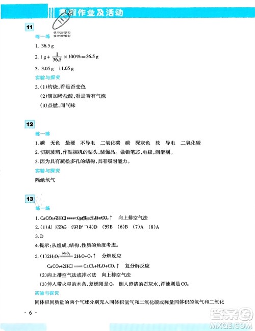 新疆文化出版社2024寒假作业及活动九年级化学通用版参考答案