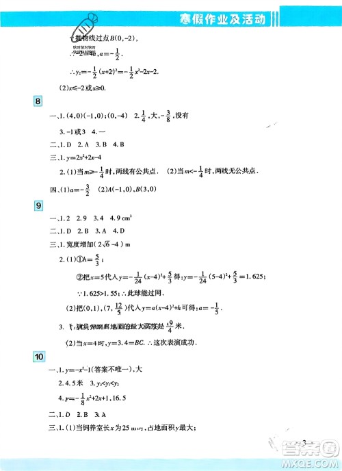 新疆文化出版社2024寒假作业及活动九年级数学通用版参考答案