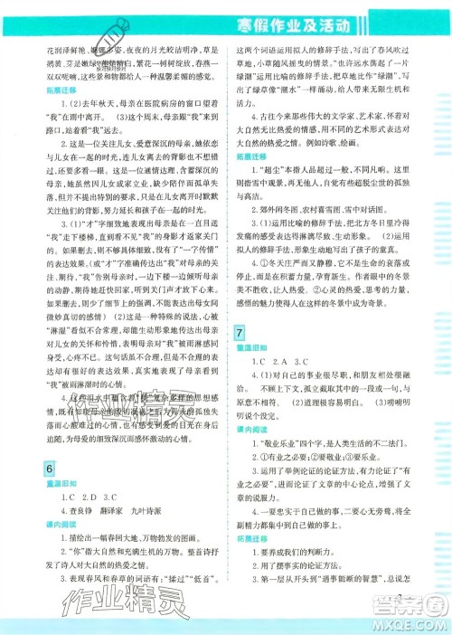 新疆文化出版社2024寒假作业及活动九年级语文通用版参考答案