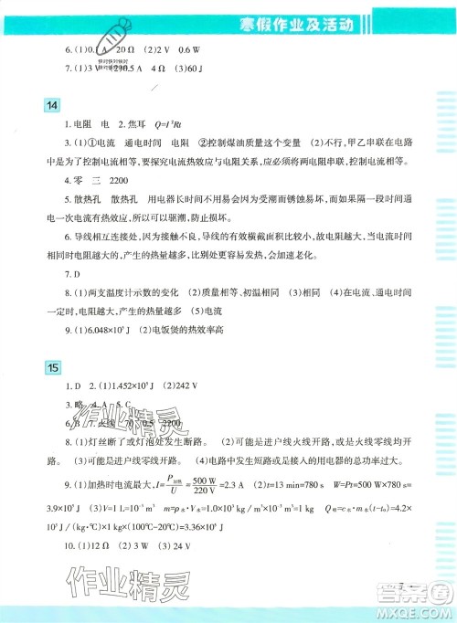 新疆文化出版社2024寒假作业及活动九年级物理通用版参考答案