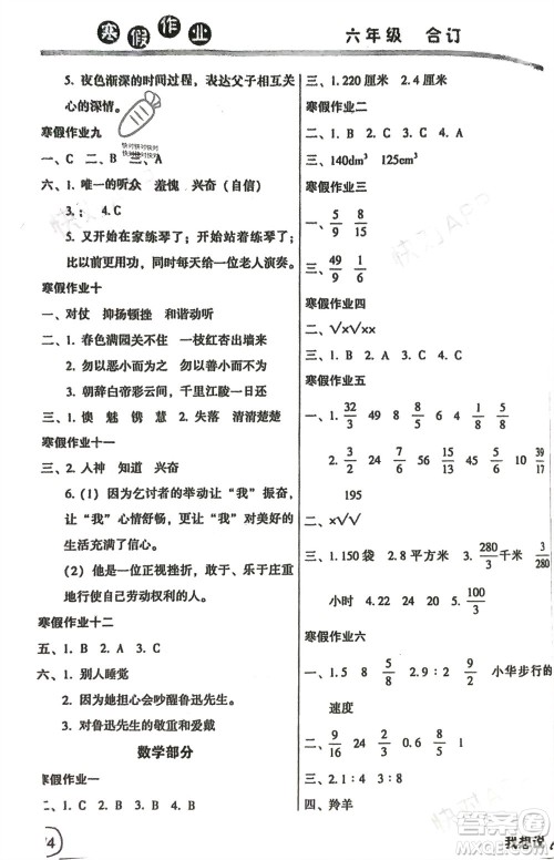 河南人民出版社2024寒假作业六年级语数外合订本通用版参考答案