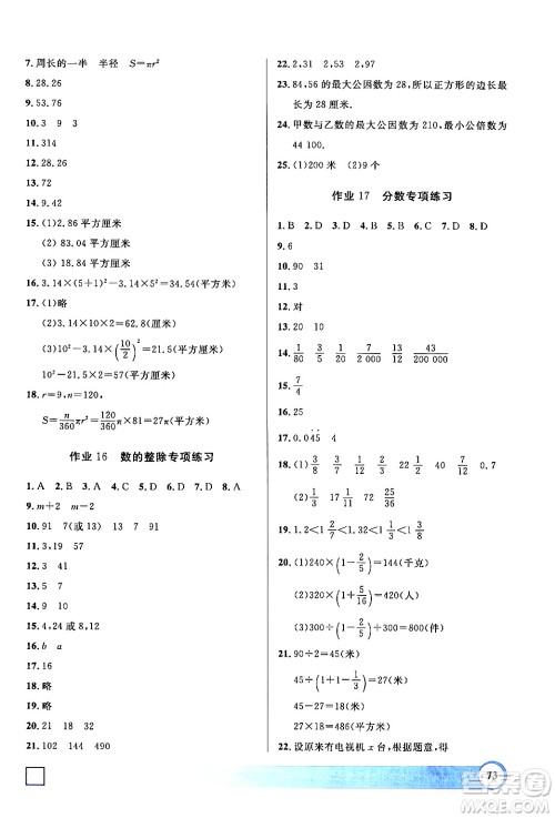 学林出版社2024钟书金牌寒假作业导与练六年级数学修订版上海专版答案