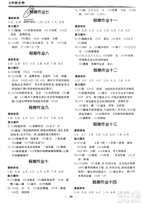 郑州大学出版社2024新思维假期作业必刷题七年级生物人教版参考答案