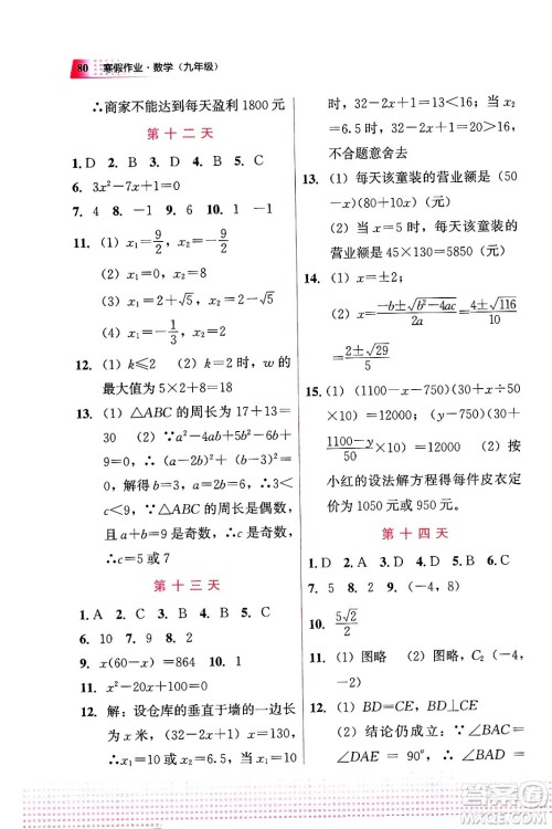 教育科学出版社2024寒假作业九年级数学通用版答案