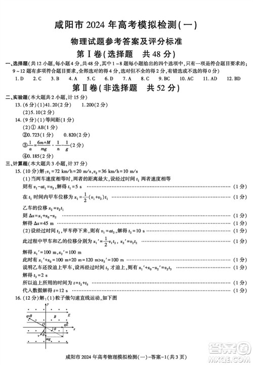 咸阳市2024届高三上学期1月份高考模拟检测一物理参考答案