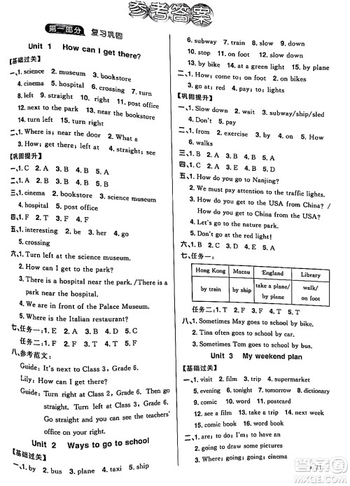 江西教育出版社2024阳光同学寒假衔接六年级英语人教版答案