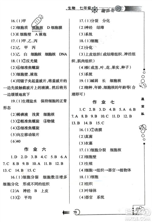 西安出版社2024假期作业寒假七年级生物通用版参考答案