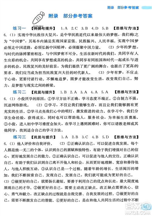广西教育出版社2024新课程寒假作业七年级道德与法治通用版参考答案