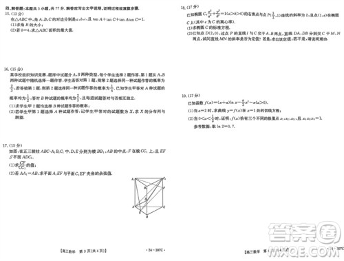 河南省2023-2024学年高三上学期期末检测数学参考答案