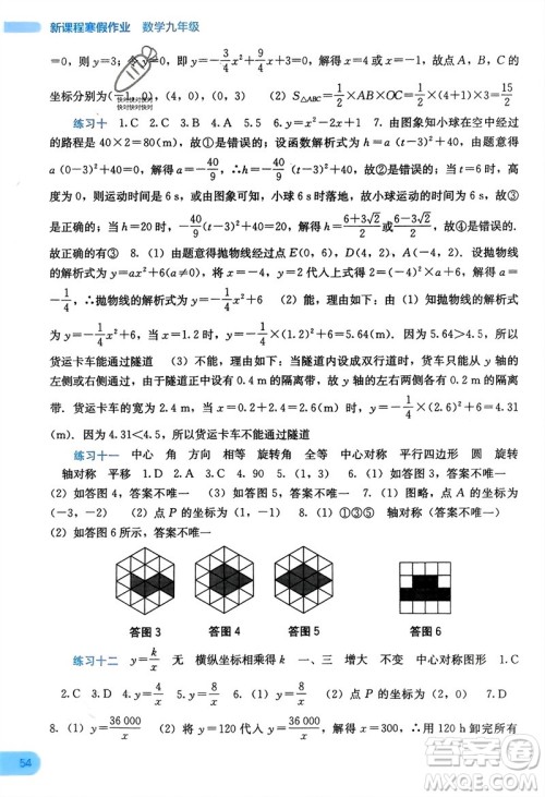 广西教育出版社2024新课程寒假作业九年级数学通用版参考答案