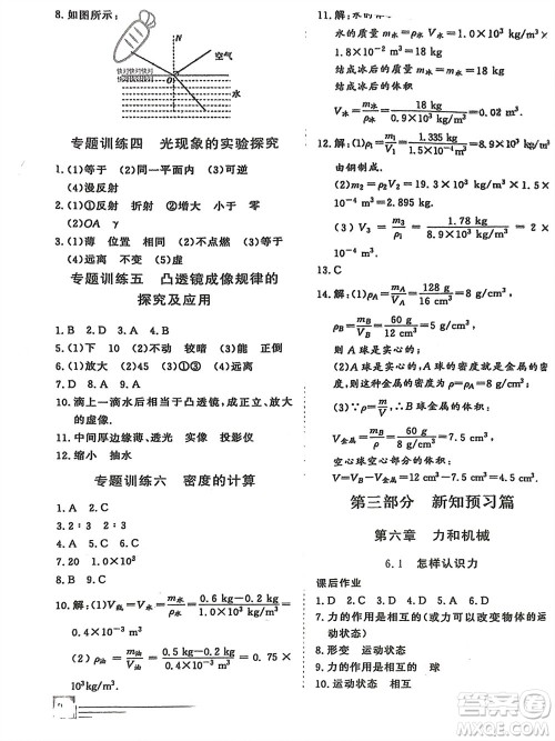 文心出版社2024假期超车道寒假作业八年级物理通用版参考答案