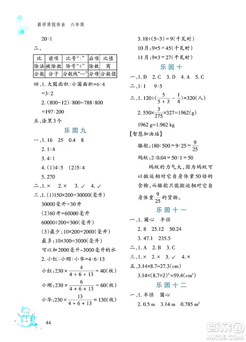 文心出版社2024寒假作业六年级数学通用版答案