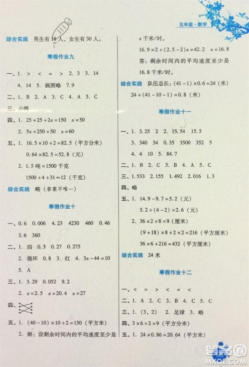 河北人民出版社2024寒假生活五年级数学通用版参考答案