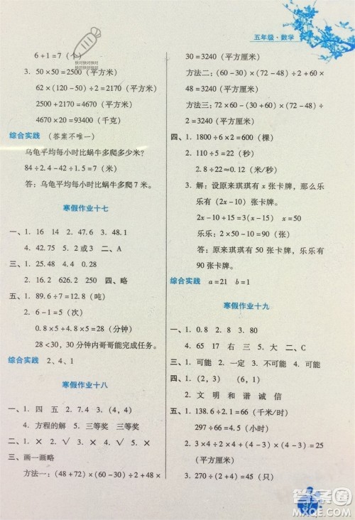 河北人民出版社2024寒假生活五年级数学通用版参考答案