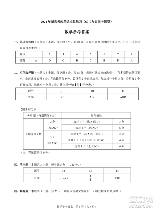 2024届高三新高考改革数学适应性练习6九省联考题型试卷答案