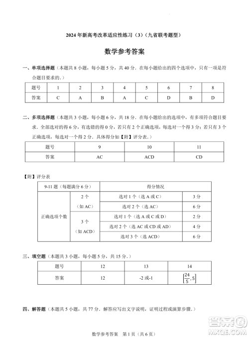 2024届高三新高考改革数学适应性练习4九省联考题型试卷答案