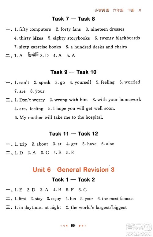 教育科学出版社2024年春53随堂测六年级英语下册精通版参考答案