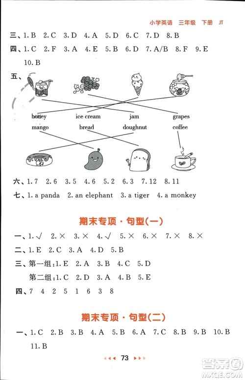 教育科学出版社2024年春53随堂测三年级英语下册精通版参考答案