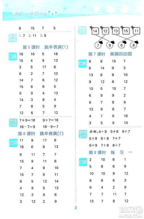 地质出版社2024年春小学口算大通关一年级数学下册北师大版答案