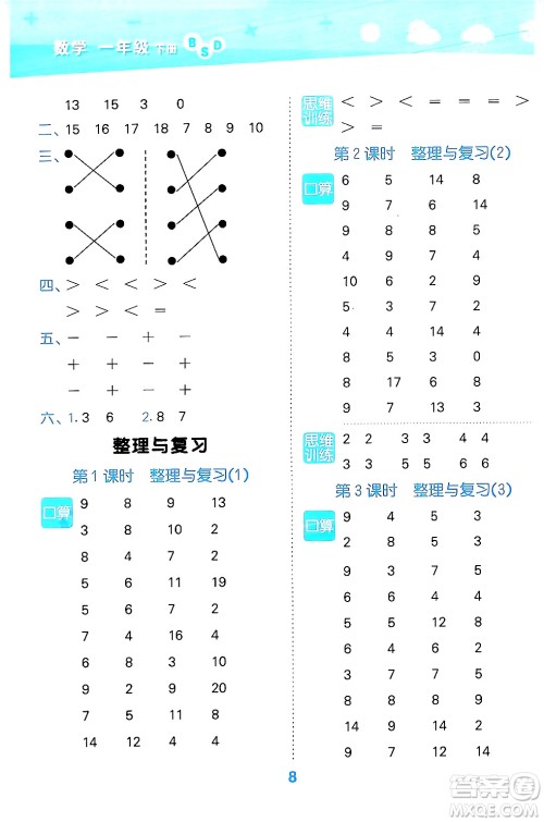 地质出版社2024年春小学口算大通关一年级数学下册北师大版答案