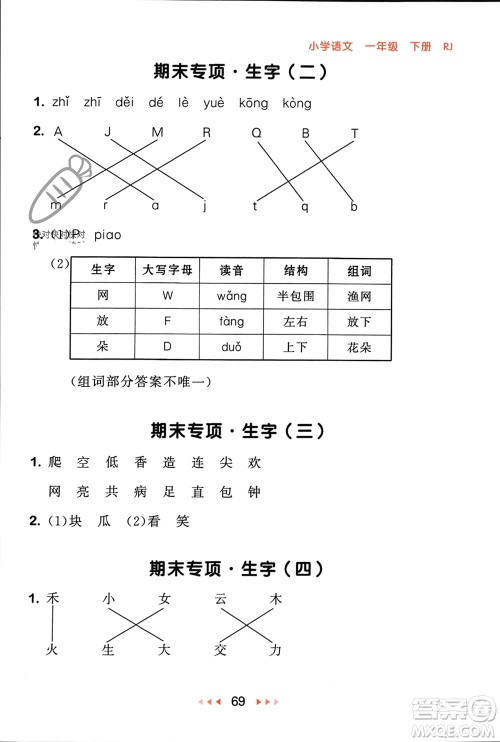 首都师范大学出版社2024年春53随堂测一年级语文下册人教版参考答案