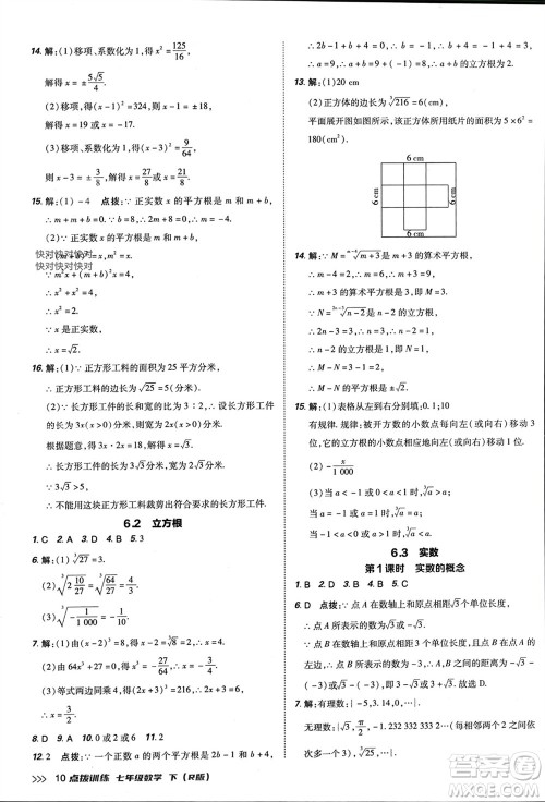 吉林教育出版社2024年春荣德基点拨训练七年级数学下册人教版参考答案