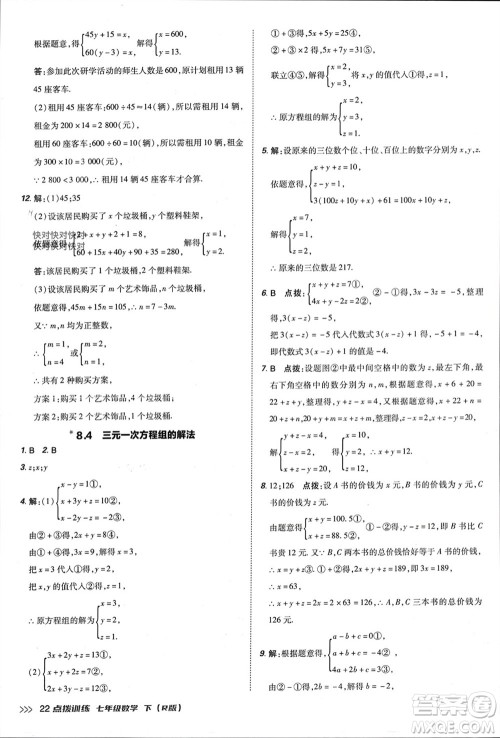 吉林教育出版社2024年春荣德基点拨训练七年级数学下册人教版参考答案