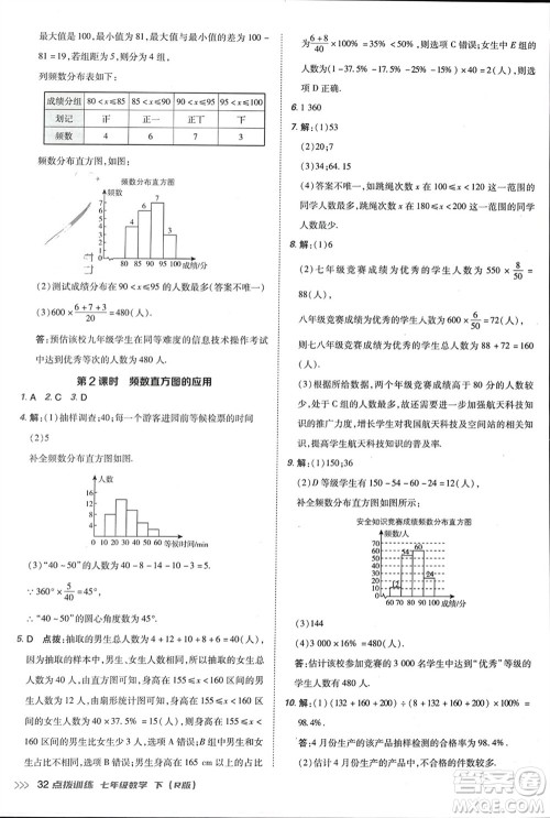 吉林教育出版社2024年春荣德基点拨训练七年级数学下册人教版参考答案