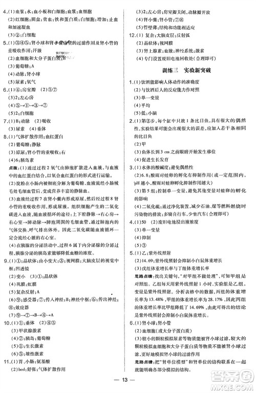 吉林教育出版社2024年春荣德基点拨训练七年级生物下册人教版参考答案