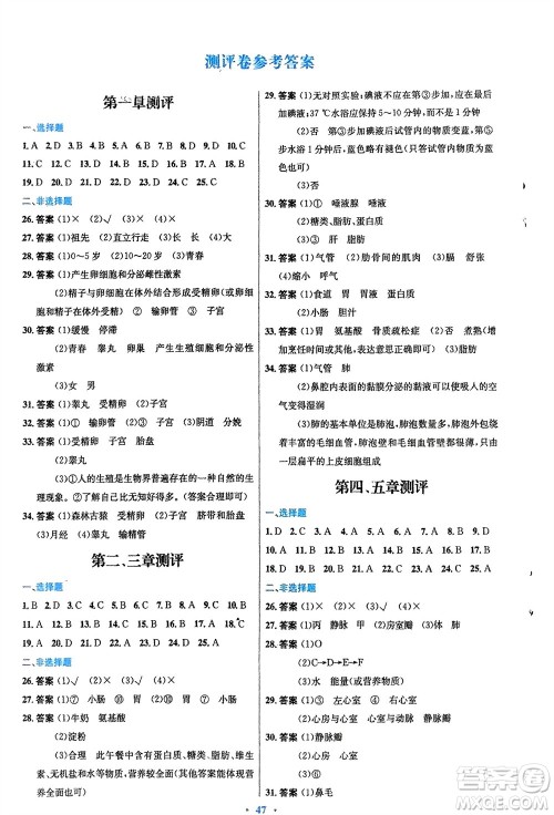 人民教育出版社2024年春初中同步测控优化设计七年级生物下册人教版福建专版参考答案