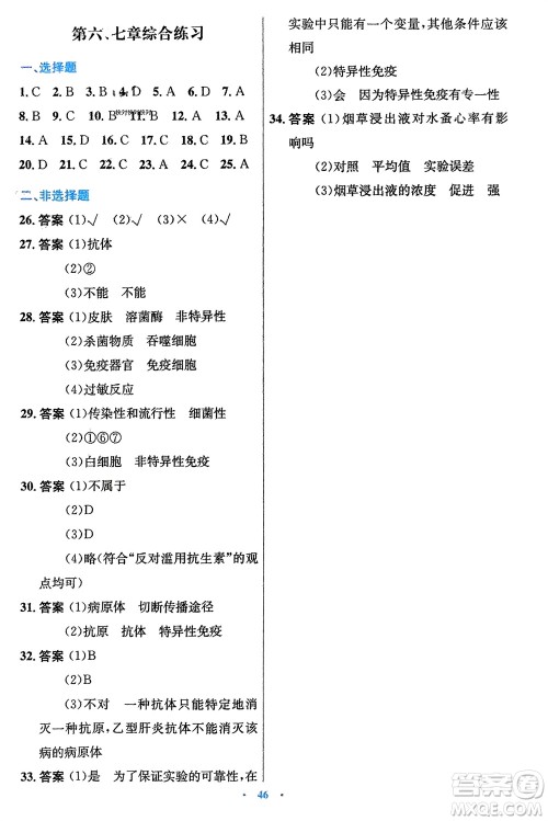 知识出版社2024年春初中同步测控优化设计七年级生物下册冀少版福建专版参考答案
