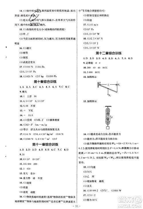 人民教育出版社2024年春初中同步测控优化设计八年级物理下册人教版福建专版参考答案